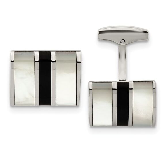 Stainless Steel Mother of Pearl Black Onyx Striped Cuff Links, 18x14mm - Picture 1 of 3